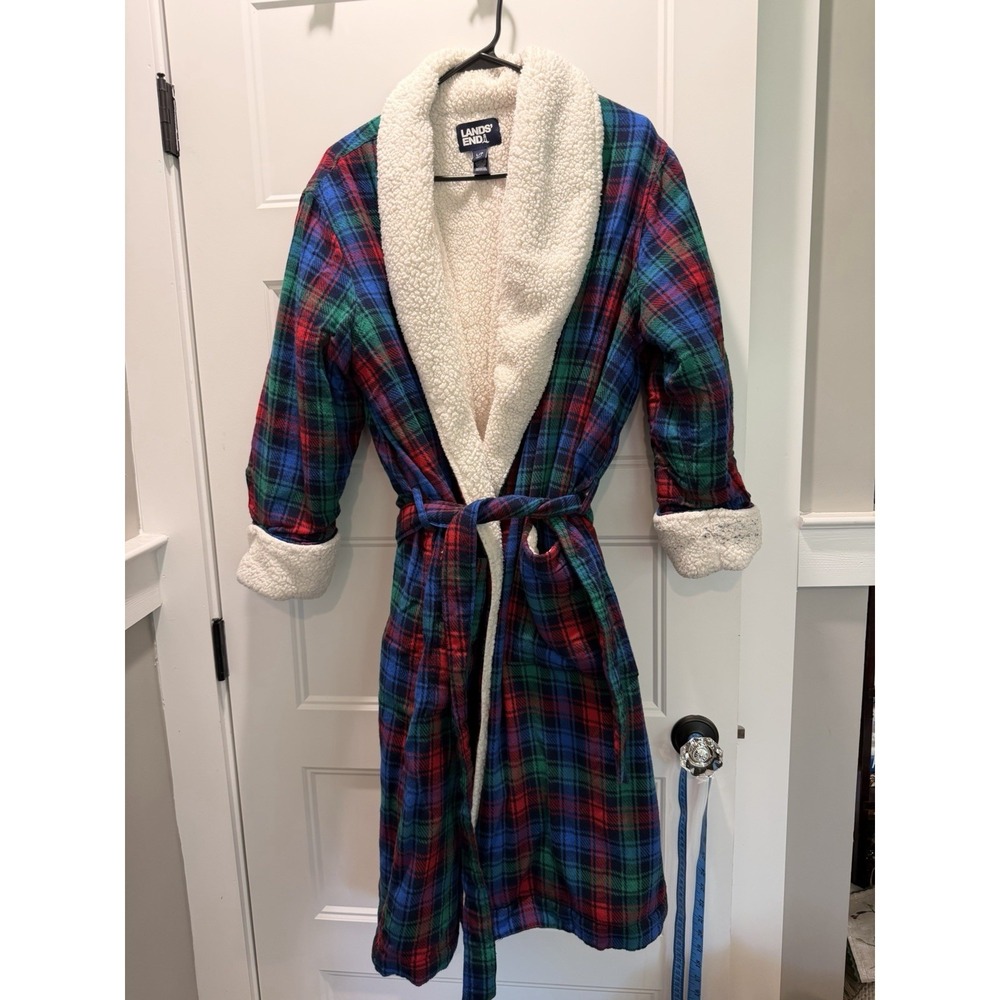 LANDS END COTTON PLAID SHEARLING SHERPA LINED FLANNEL ROBE L 14-16 SUPER COZY